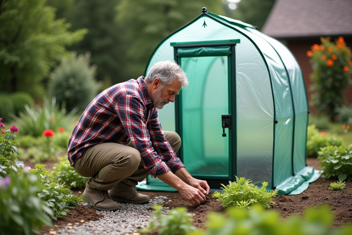 Homme en extérieur vérifiant la terre dans un mini serre