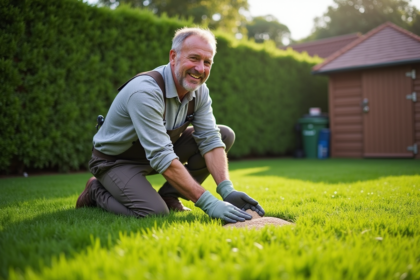 Homme en vêtements de jardinage appliquant des granules antimousse