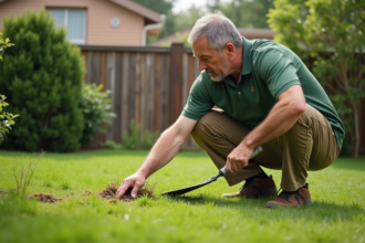 Homme d'âge moyen inspectant la pelouse dans son jardin