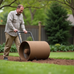Homme d'âge moyen poussant un rouleau sur la pelouse