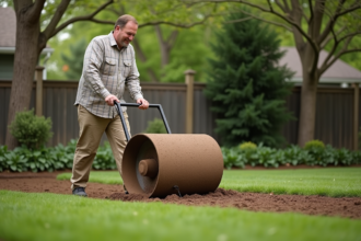 Homme d'âge moyen poussant un rouleau sur la pelouse