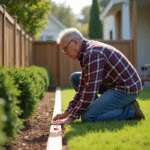 Homme mesurant une ligne de clôture en jardin
