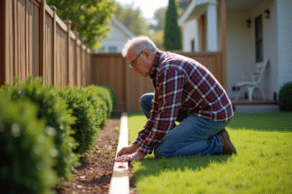 Homme mesurant une ligne de clôture en jardin