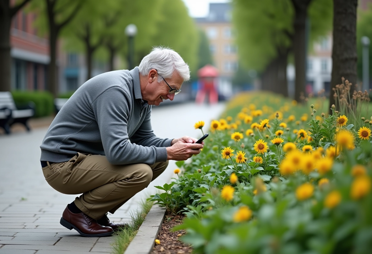 Homme âgé dans un parc urbain regarde son smartphone