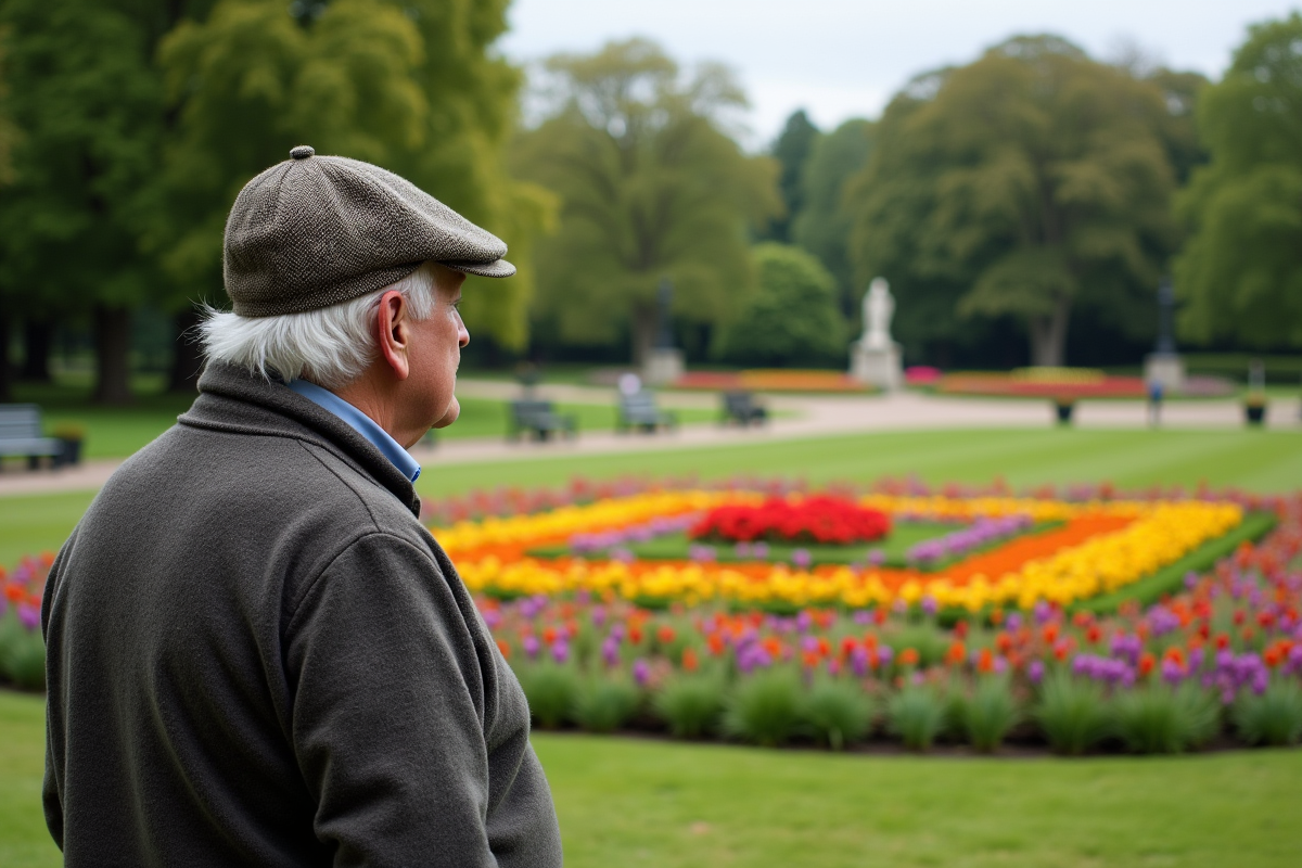Homme age observant un parterre de fleurs dans un parc anglais