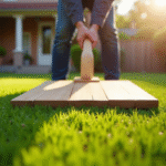 Personne utilisant une grande planche en bois pour aplatir la pelouse