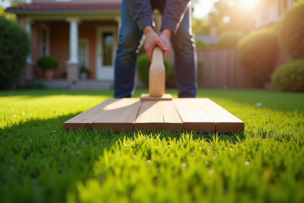 Personne utilisant une grande planche en bois pour aplatir la pelouse