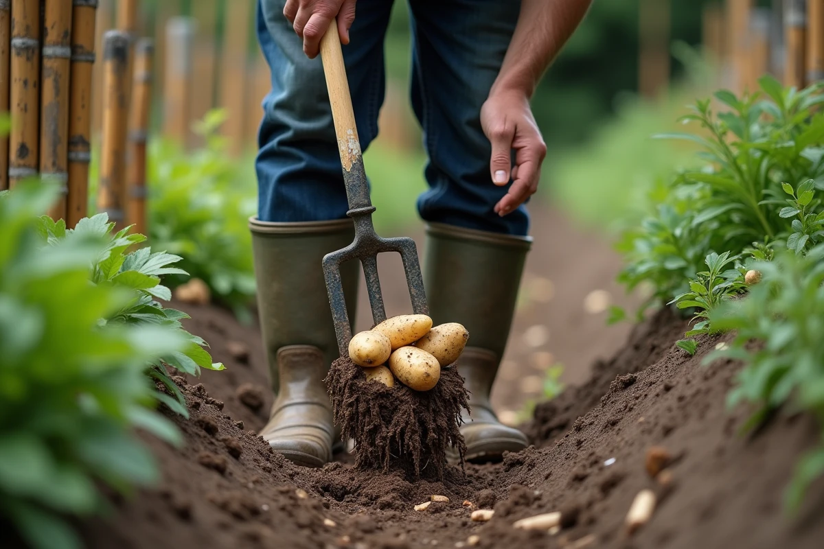 Homme récoltant des pommes de terre avec une fourche dans un petit jardin potager communautaire aux rangées bien serrées