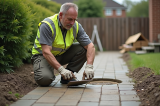 Homme en gilet haute visibilité examine pavage extérieur