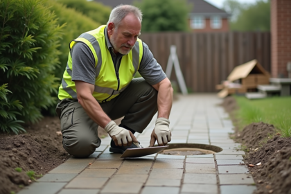 Homme en gilet haute visibilité examine pavage extérieur