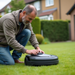 Homme d'âge moyen examine une tondeuse robot dans son jardin