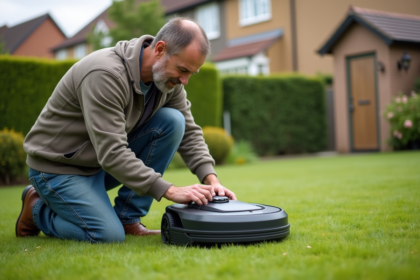 Homme d'âge moyen examine une tondeuse robot dans son jardin