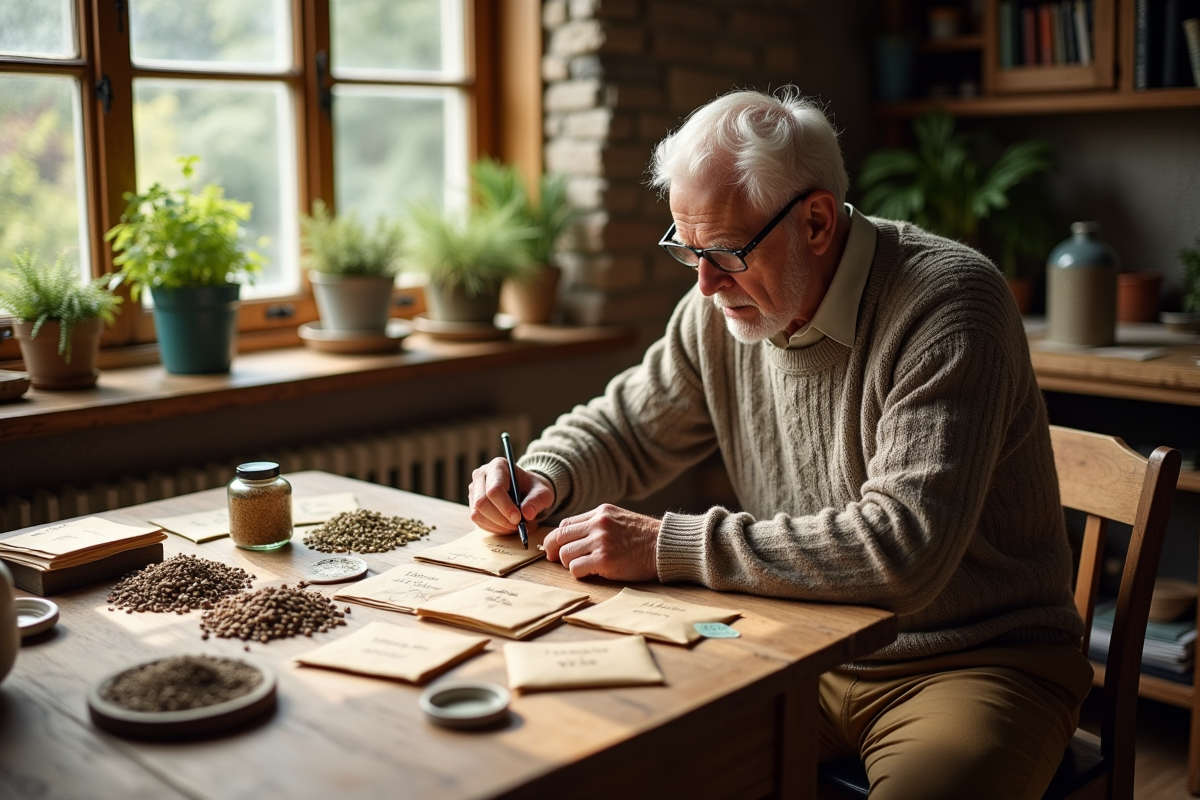 Homme âgé examinant des graines dans une cuisine chaleureuse