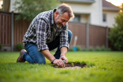 Homme d'âge moyen semant des graines dans son jardin