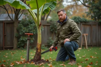 Homme d'âge moyen en tenue d'automne près d'un bananier
