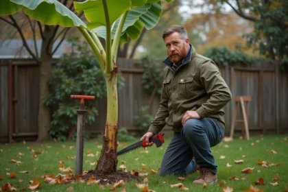 Homme d'âge moyen en tenue d'automne près d'un bananier