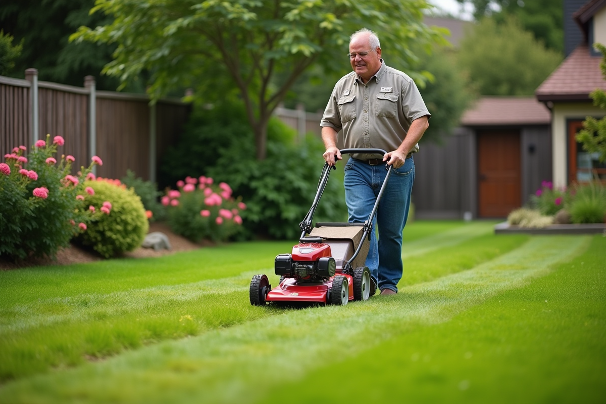 Homme d'âge moyen poussant une tondeuse classique dans le jardin