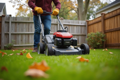 Homme d'âge moyen tondant sa pelouse automnale