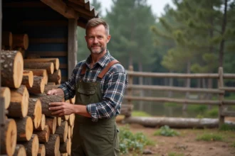 Homme en tenue de travail empile du bois près d'une cabane