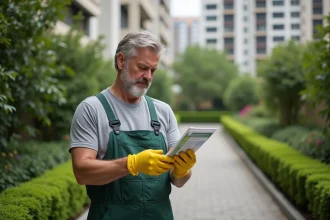 Homme en tenue de travail examinant une étiquette de glyphosate dans un jardin