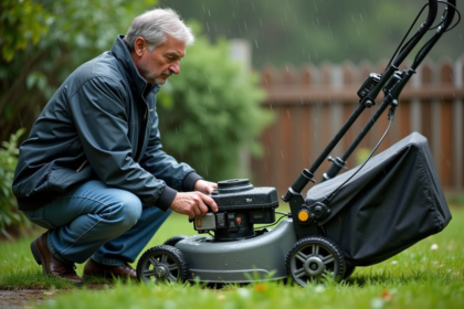 Homme d'âge moyen inspectant une tondeuse électrique mouillée
