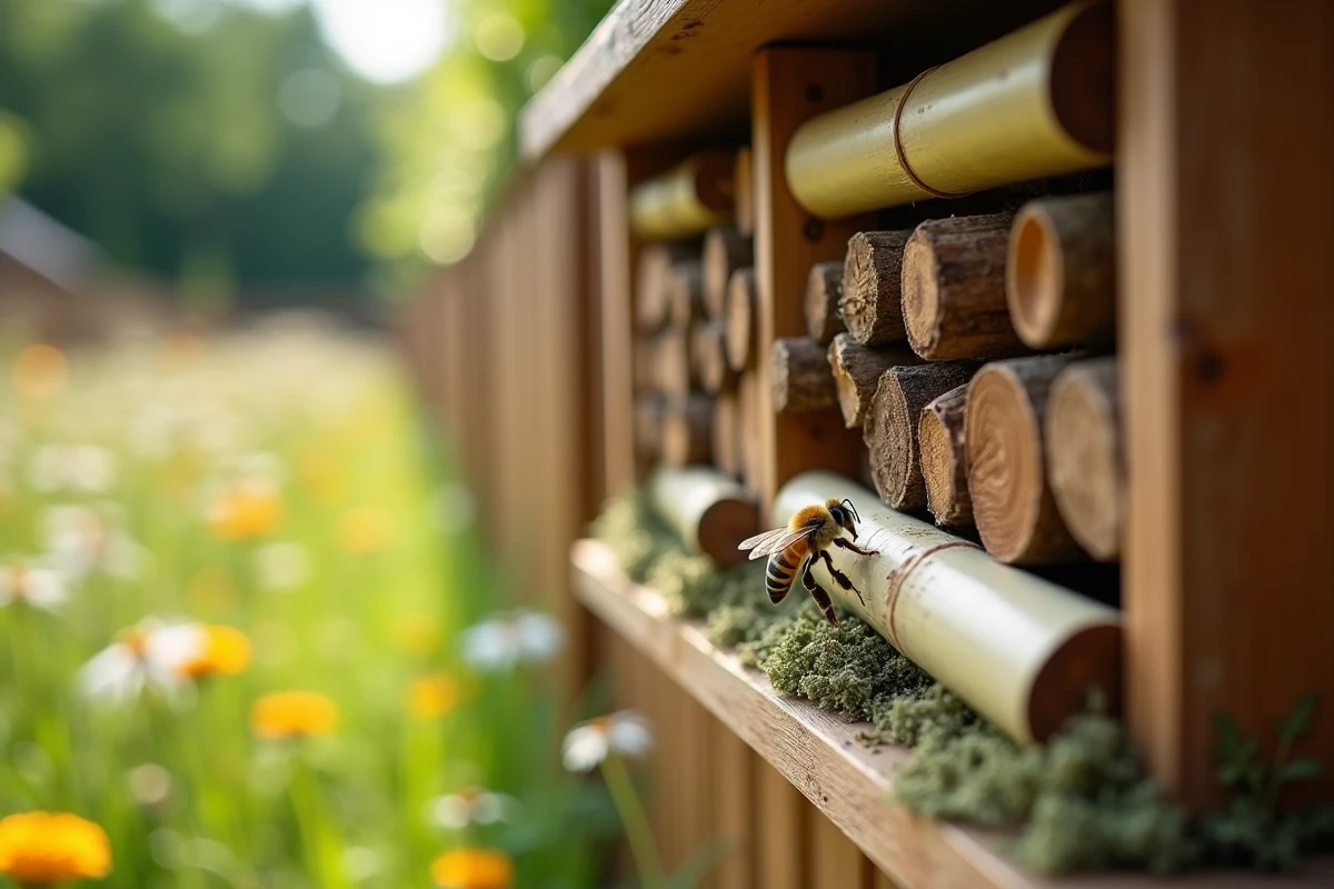 Hôtel à insectes en bois avec une abeille maçonne entrant dans un tube de bambou dans un jardin fleuri avec prairie de fleurs sauvages en arrière-plan