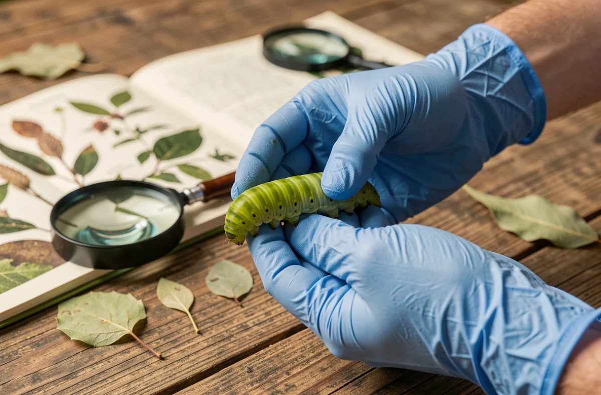 Main gantée tenant une chenille verte de papillon pour identification avec guide botanique et loupe sur table en bois