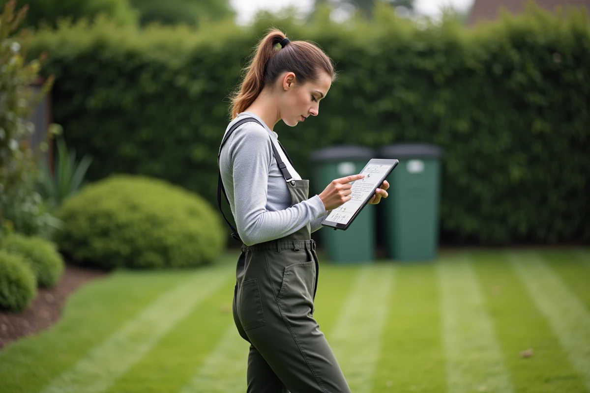 Femme consultant une tablette pour identifier des mauvaises herbes sur une pelouse fraîchement tondue avant traitement sélectif