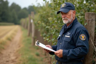 Inspecteur agricole vérifiant la réglementation sur le débroussaillage en zone rurale avec végétation dense