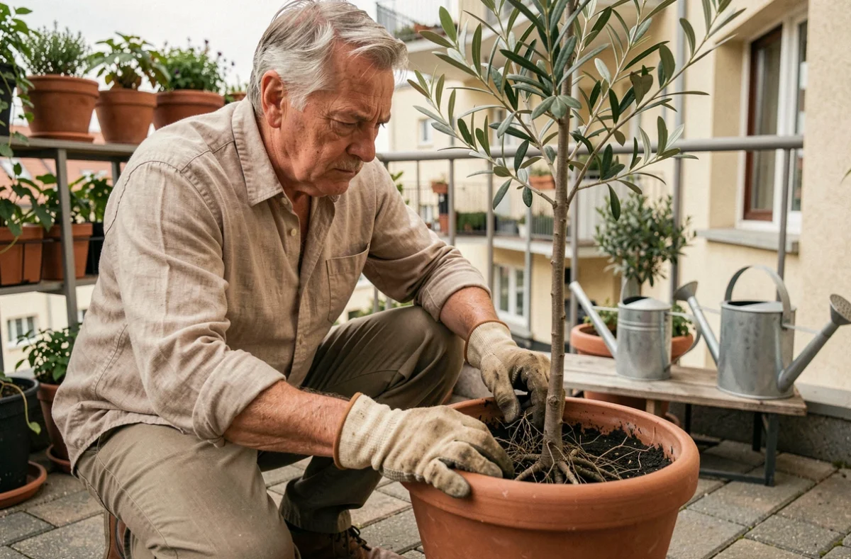 Jardinière inspectant les racines d'un jeune olivier en pot sur une terrasse