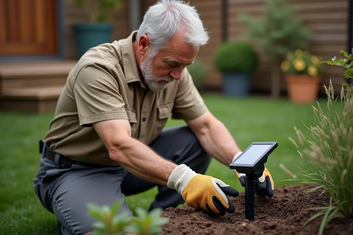 Homme installant un spot solaire LED dans son jardin près d'une terrasse en bois
