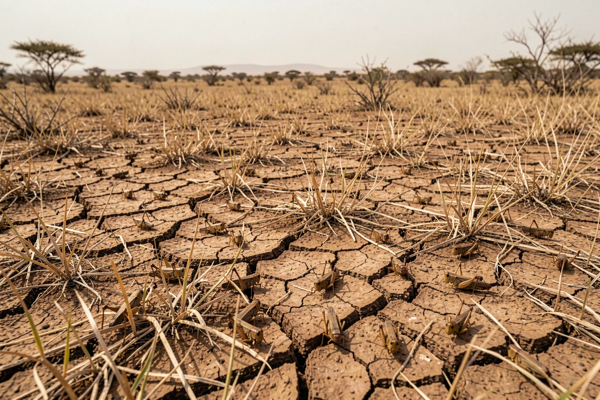 Invasion de criquets dans une savane aride, insectes visibles sur le sol craquelé et la végétation sèche ravagée