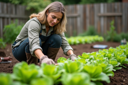 Femme en jardinage posant une barriere en cuivre autour de laitues