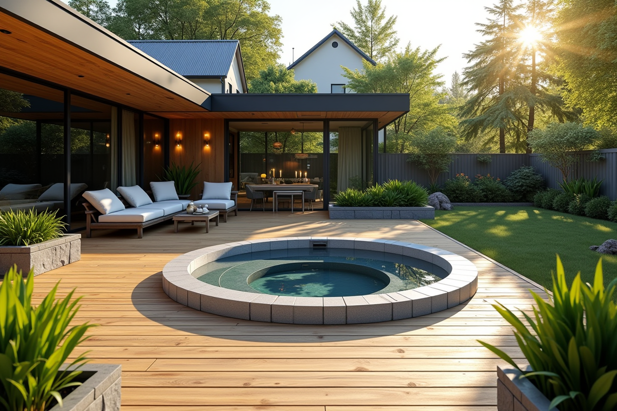 Jardin moderne avec spa encastré et mobilier minimaliste