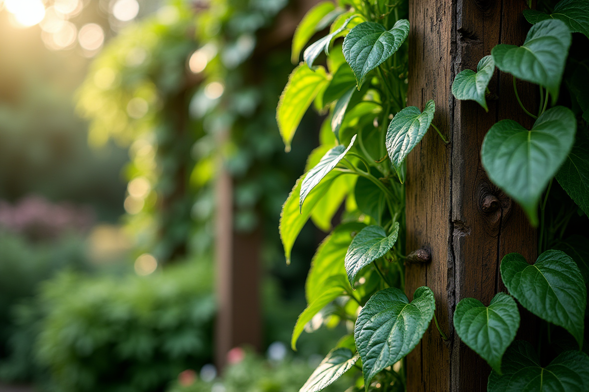 Vignes de pothos sur un treillis dans un jardin verdoyant
