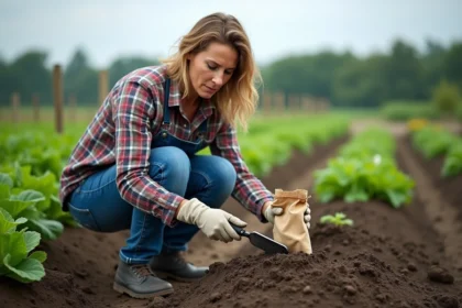 Femme en vêtements de jardinage récoltant du sol dans un potager