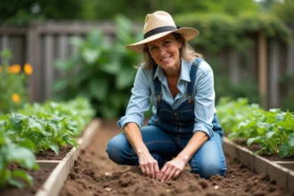 Femme en salopette de denim et chapeau de paille en train de semer des haricots verts dans le jardin