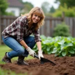 Femme d'âge moyen en vêtements de jardinage utilisant une pelle dans un jardin