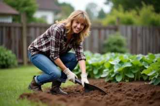 Femme d'âge moyen en vêtements de jardinage utilisant une pelle dans un jardin