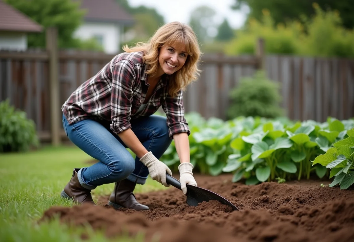 Femme d'âge moyen en vêtements de jardinage utilisant une pelle dans un jardin