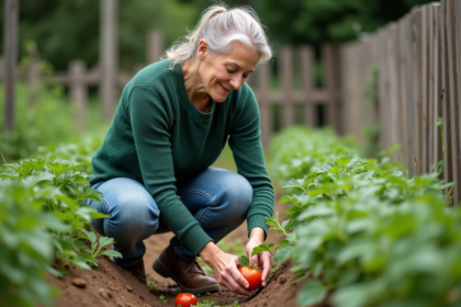 Femme jardiniere examine plantes dans son jardin