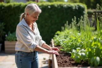 Femme jardinant vérifiant la profondeur du sol