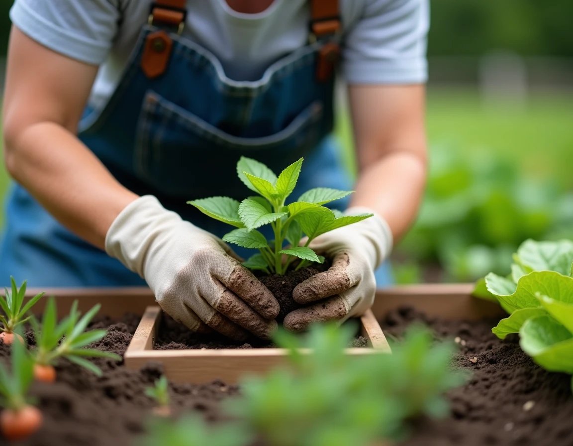 Jardinière en tablier replantant de la menthe entre des rangées de légumes pour éloigner les mouches naturellement