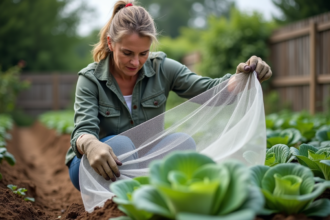Femme jardinant avec filet sur jeunes choux dans un jardin