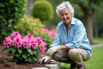 Femme jardinant autour d’un rhododendron en plein air