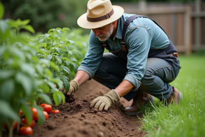 Homme en overalls et chapeau de paille arrosant tomates