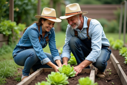 Couple de jardiniers plantant des laitues dans un jardin