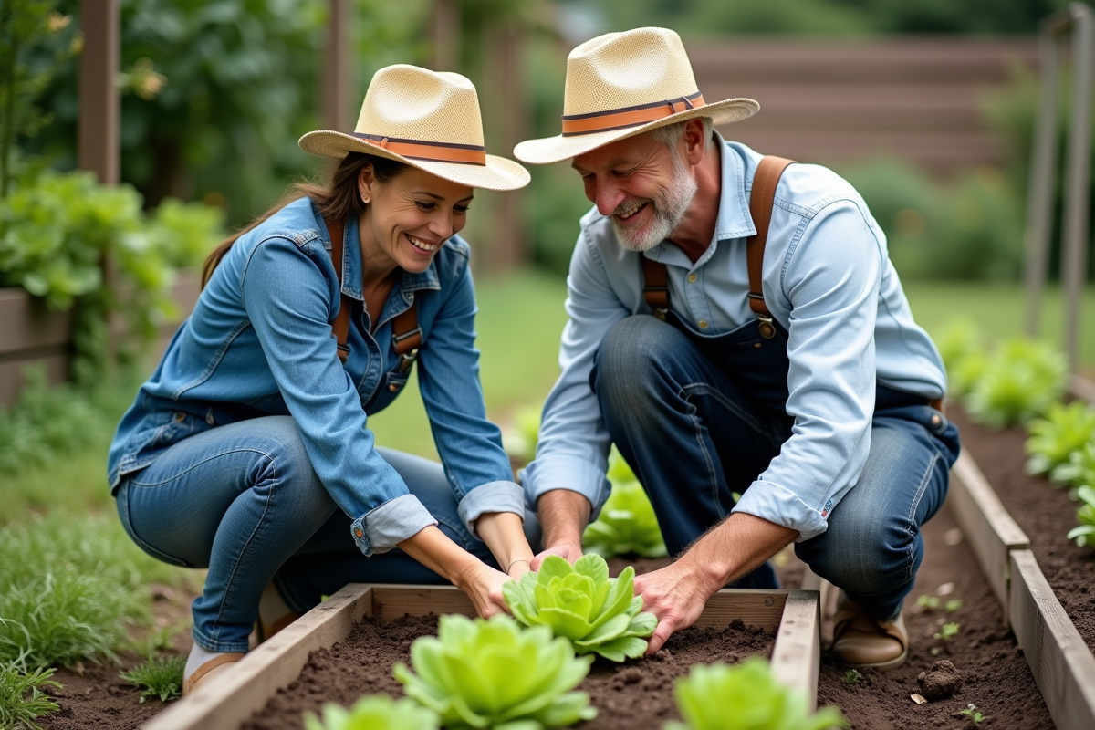 Couple de jardiniers plantant des laitues dans un jardin