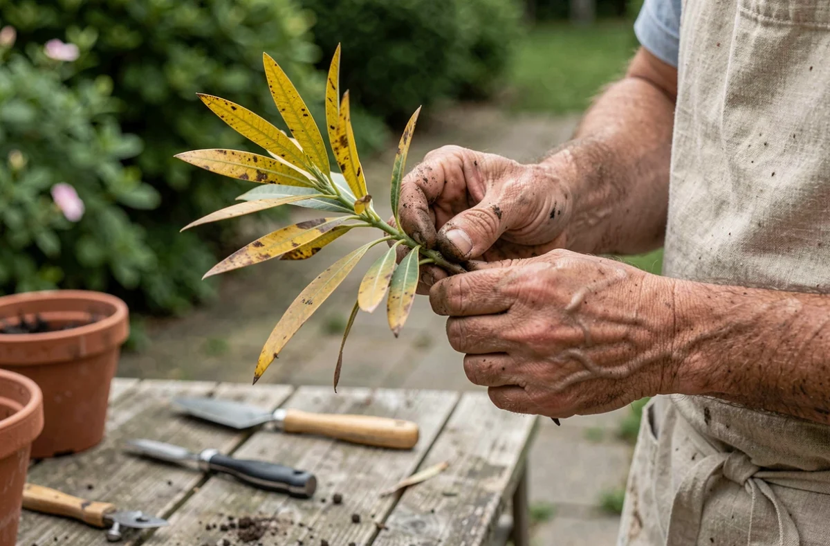Jardinier examinant une branche de laurier rose aux feuilles jaunissantes pour diagnostiquer un problème de santé de la plante
