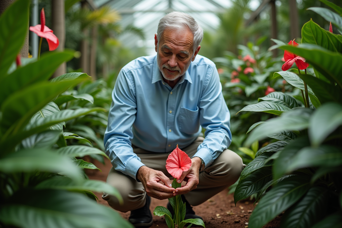 Homme en jardin botanique avec plantes exotiques